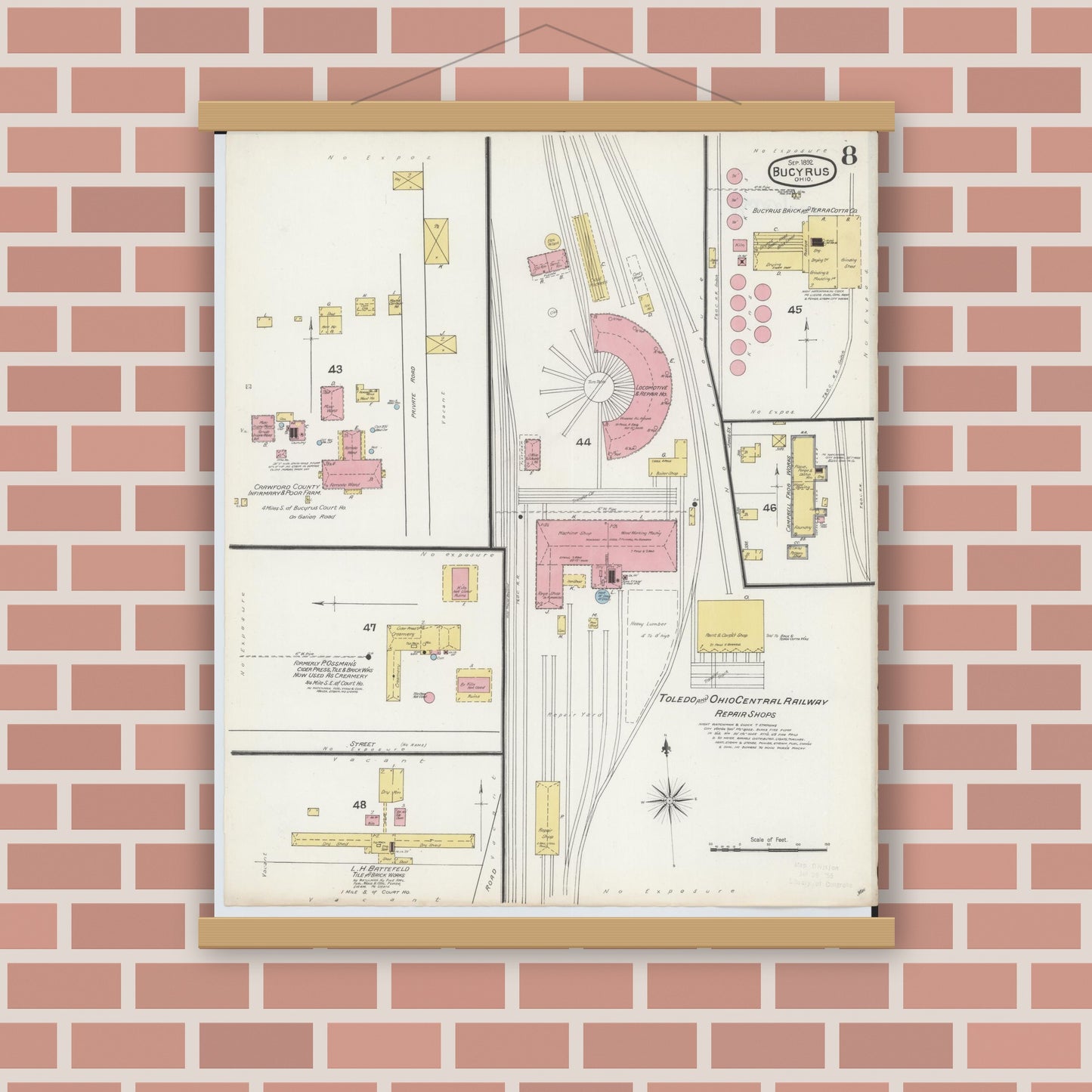 Old map wall art mockup — magnetic wood frame on brick wall — Sanborn Fire Insurance Map from Bucyrus, Crawford County, Ohio (1892), Sheet #0008