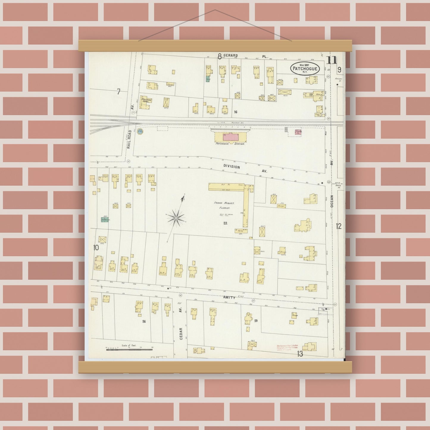 Old map wall art mockup — magnetic wood frame on brick wall — Sanborn Fire Insurance Map from Patchogue, Suffolk County, New York (1897), Sheet #0011
