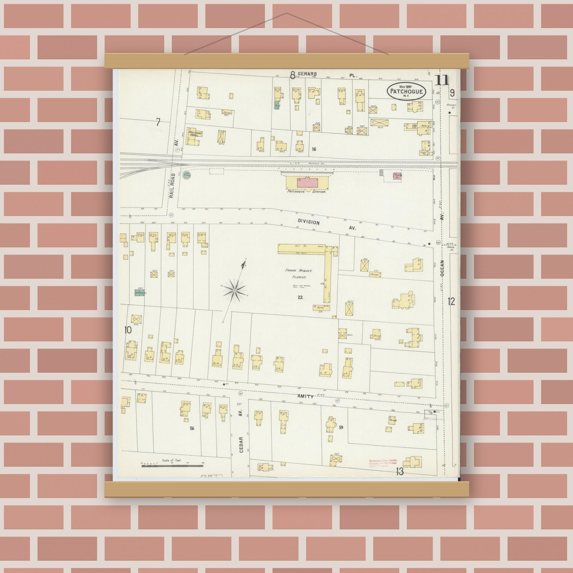 Old map wall art mockup — magnetic wood frame on brick wall — Sanborn Fire Insurance Map from Patchogue, Suffolk County, New York (1897), Sheet #0011