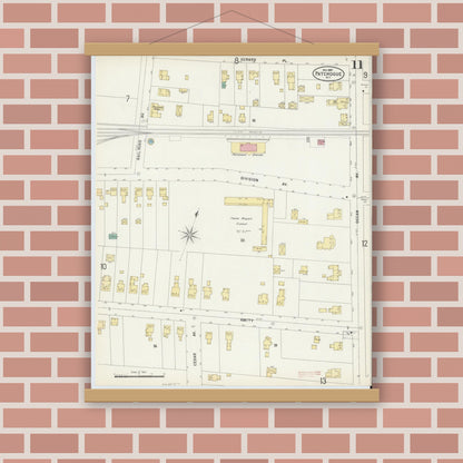 Old map wall art mockup — magnetic wood frame on brick wall — Sanborn Fire Insurance Map from Patchogue, Suffolk County, New York (1897), Sheet #0011