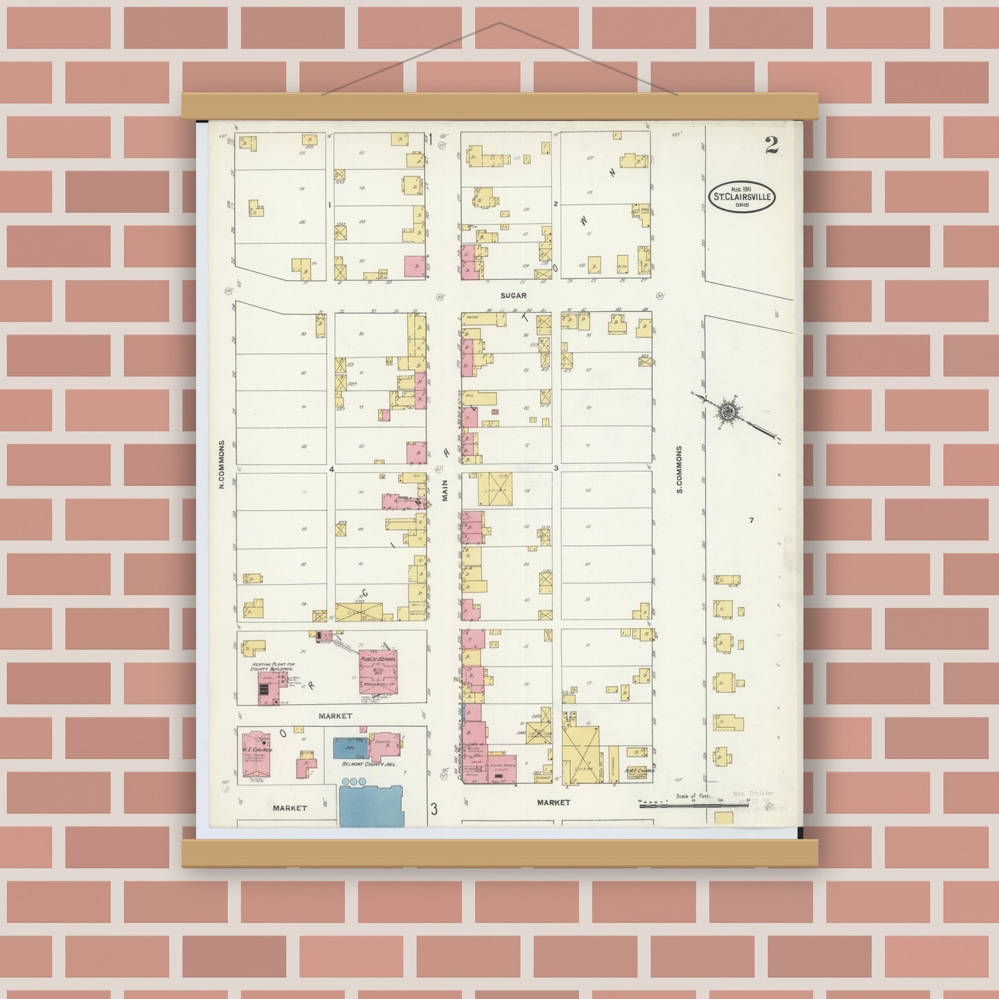 Old map wall art mockup — magnetic wood frame on brick wall — Sanborn Fire Insurance Map from Saint Clairsville, Belmont County, Ohio (1911), Sheet #0002