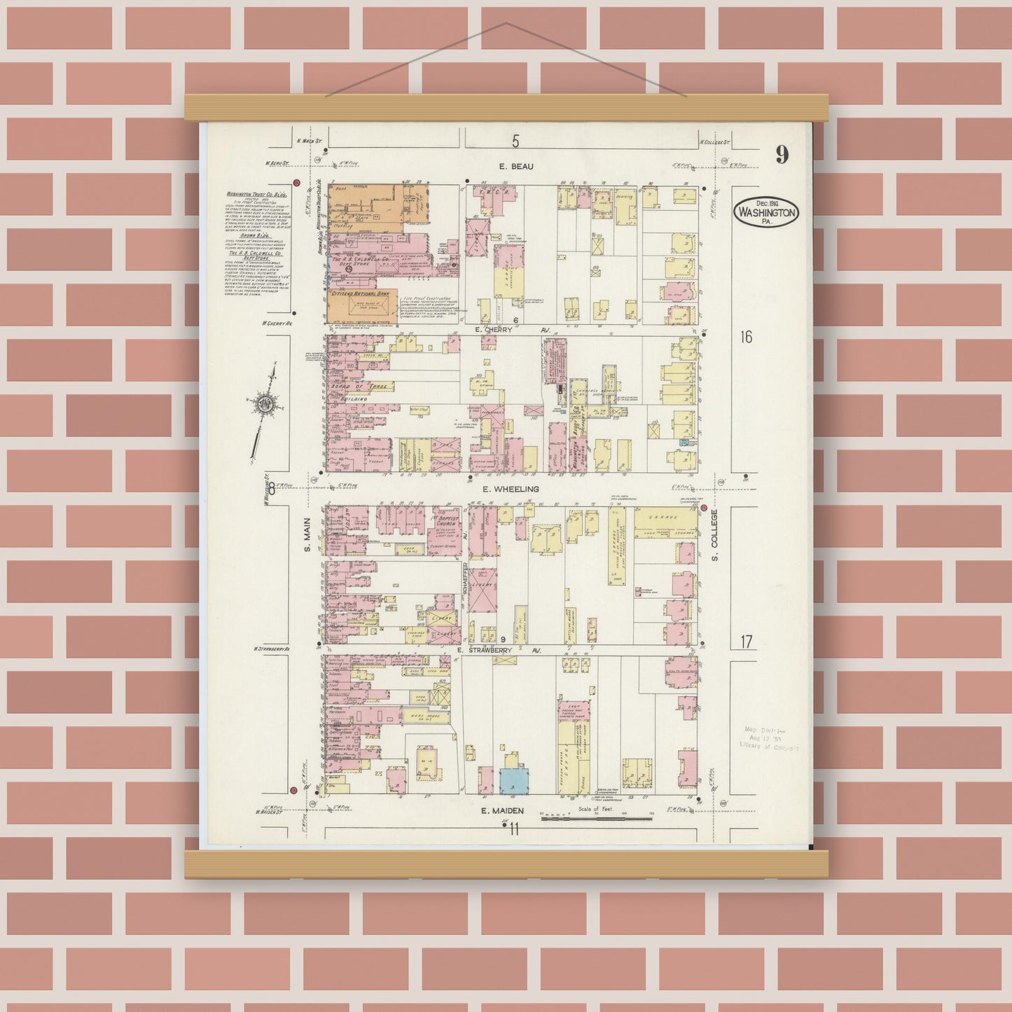 Old map wall art mockup — magnetic wood frame on brick wall — Sanborn Fire Insurance Map from Washington, Washington County, Pennsylvania (1914), Sheet #0009