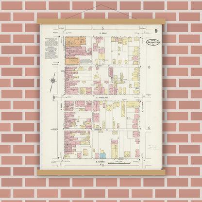 Old map wall art mockup — magnetic wood frame on brick wall — Sanborn Fire Insurance Map from Washington, Washington County, Pennsylvania (1914), Sheet #0009