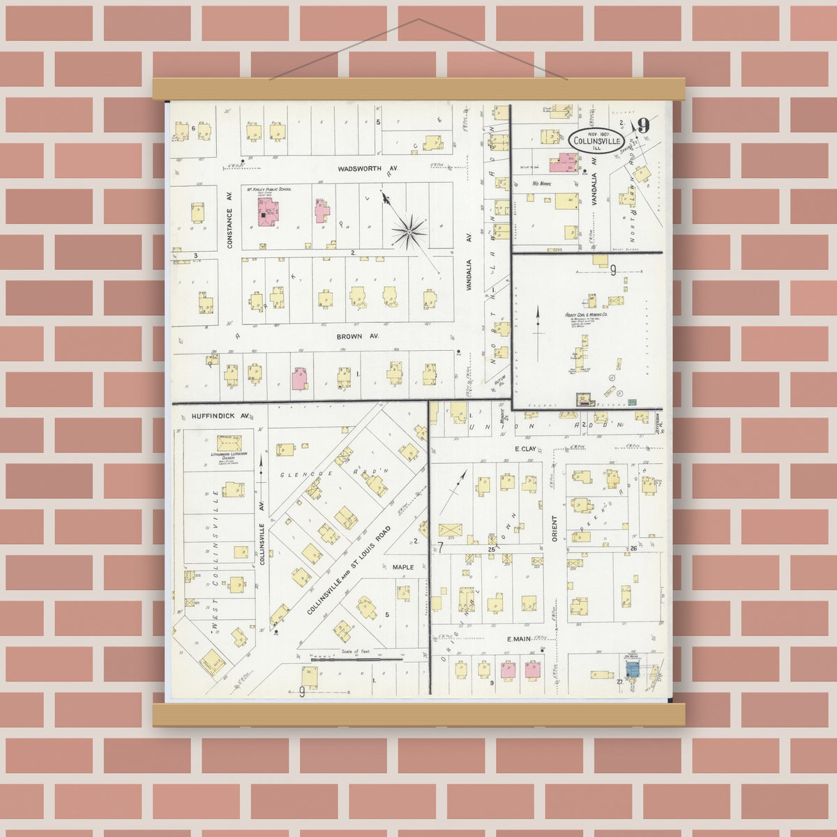 Old map wall art mockup — magnetic wood frame on brick wall — Sanborn Fire Insurance Map from Collinsville, Madison County, Illinois (1907), Sheet #0009