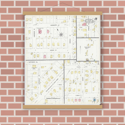 Old map wall art mockup — magnetic wood frame on brick wall — Sanborn Fire Insurance Map from Collinsville, Madison County, Illinois (1907), Sheet #0009