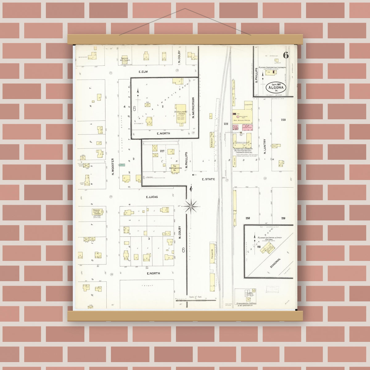 Old map wall art mockup — magnetic wood frame on brick wall — Sanborn Fire Insurance Map from Algona, Kossuth County, Iowa (1907), Sheet #0006