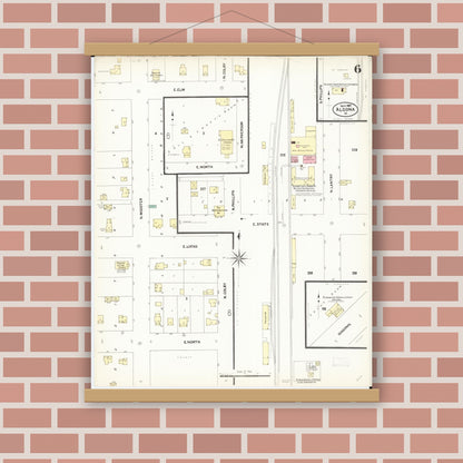 Old map wall art mockup — magnetic wood frame on brick wall — Sanborn Fire Insurance Map from Algona, Kossuth County, Iowa (1907), Sheet #0006