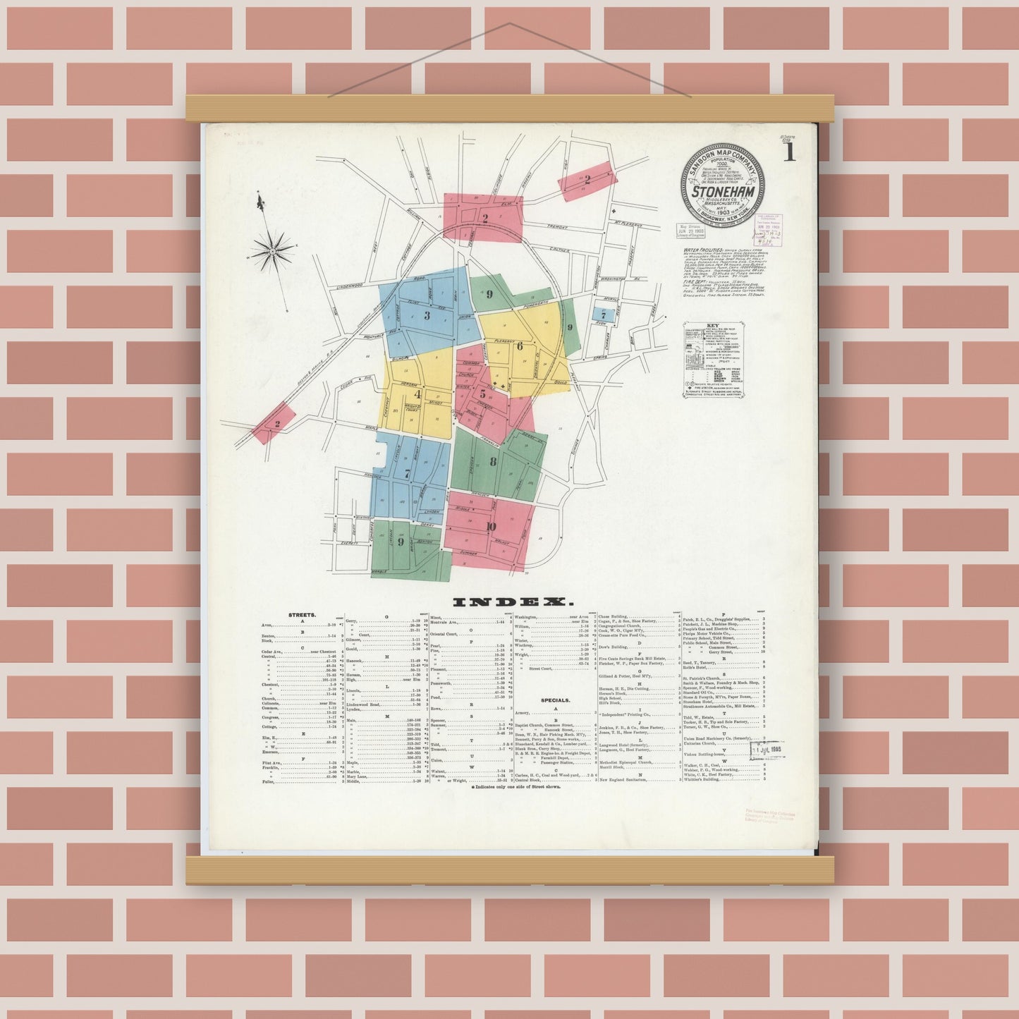 Old map wall art mockup — magnetic wood frame on brick wall — Sanborn Fire Insurance Map from Stoneham, Middlesex County, Massachusetts (1903), Sheet #0001