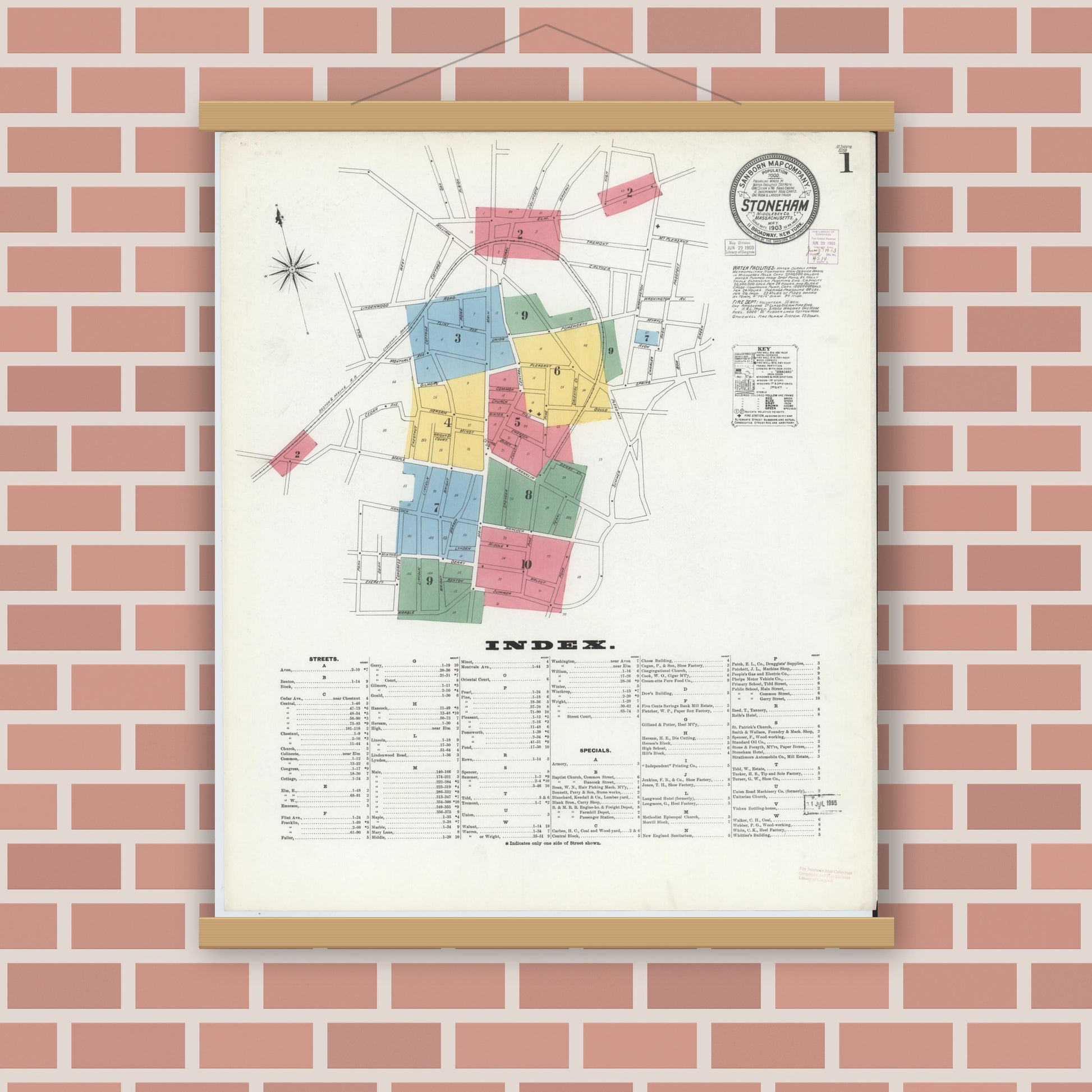 Old map wall art mockup — magnetic wood frame on brick wall — Sanborn Fire Insurance Map from Stoneham, Middlesex County, Massachusetts (1903), Sheet #0001