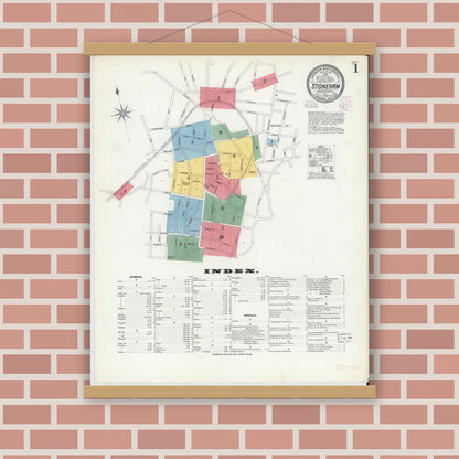 Old map wall art mockup — magnetic wood frame on brick wall — Sanborn Fire Insurance Map from Stoneham, Middlesex County, Massachusetts (1903), Sheet #0001