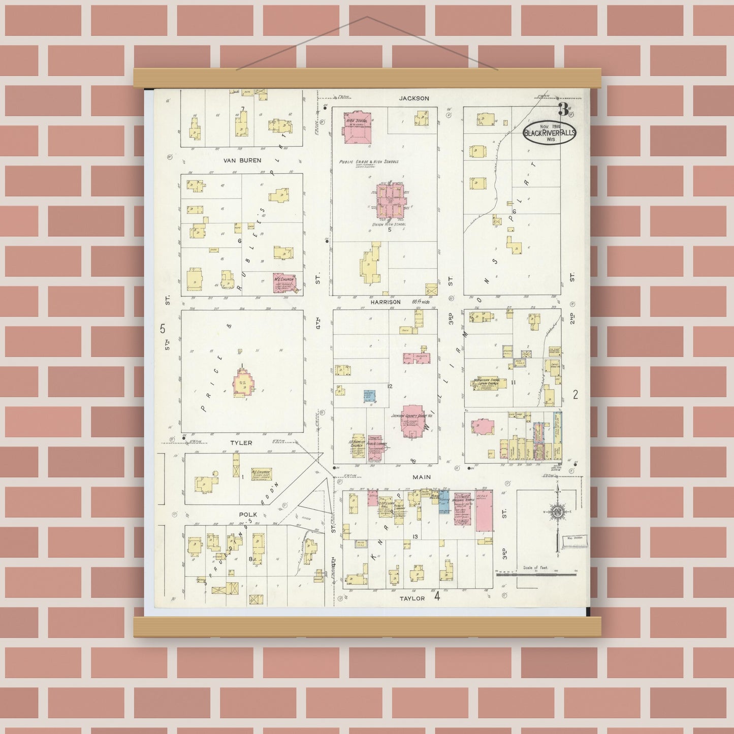 Old map wall art mockup — magnetic wood frame on brick wall — Sanborn Fire Insurance Map from Black River Falls, Jackson County, Wisconsin (1914), Sheet #0003