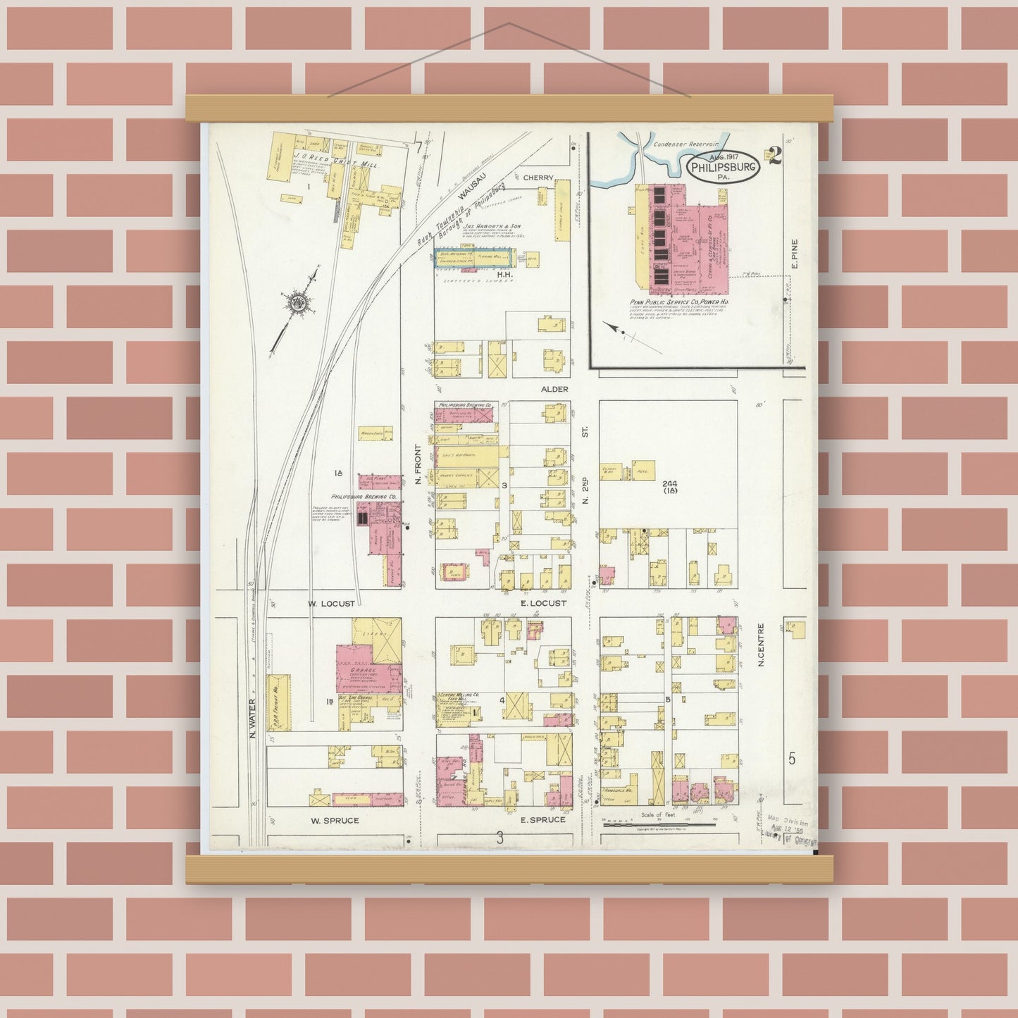 Old map wall art mockup — magnetic wood frame on brick wall — Sanborn Fire Insurance Map from Philipsburg, Centre County, Pennsylvania (1917), Sheet #0002