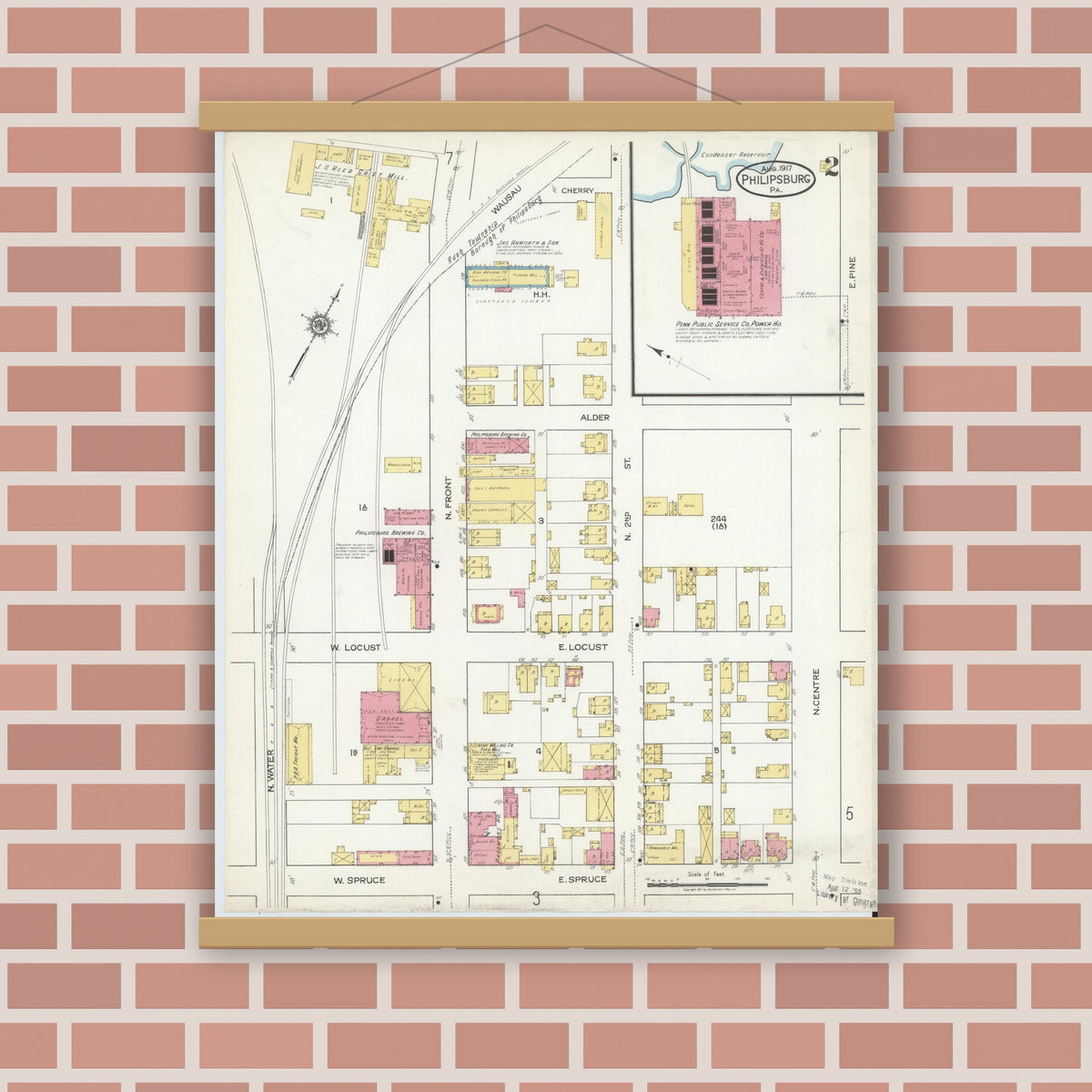 Old map wall art mockup — magnetic wood frame on brick wall — Sanborn Fire Insurance Map from Philipsburg, Centre County, Pennsylvania (1917), Sheet #0002