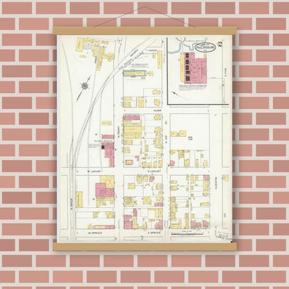 Old map wall art mockup — magnetic wood frame on brick wall — Sanborn Fire Insurance Map from Philipsburg, Centre County, Pennsylvania (1917), Sheet #0002