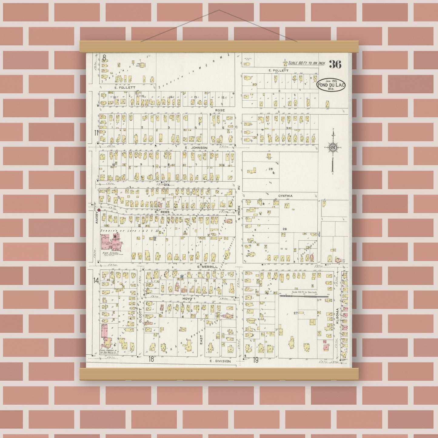 Old map wall art mockup — magnetic wood frame on brick wall — Sanborn Fire Insurance Map from Fond du Lac, Fond du Lac County, Wisconsin (1915), Sheet #0036