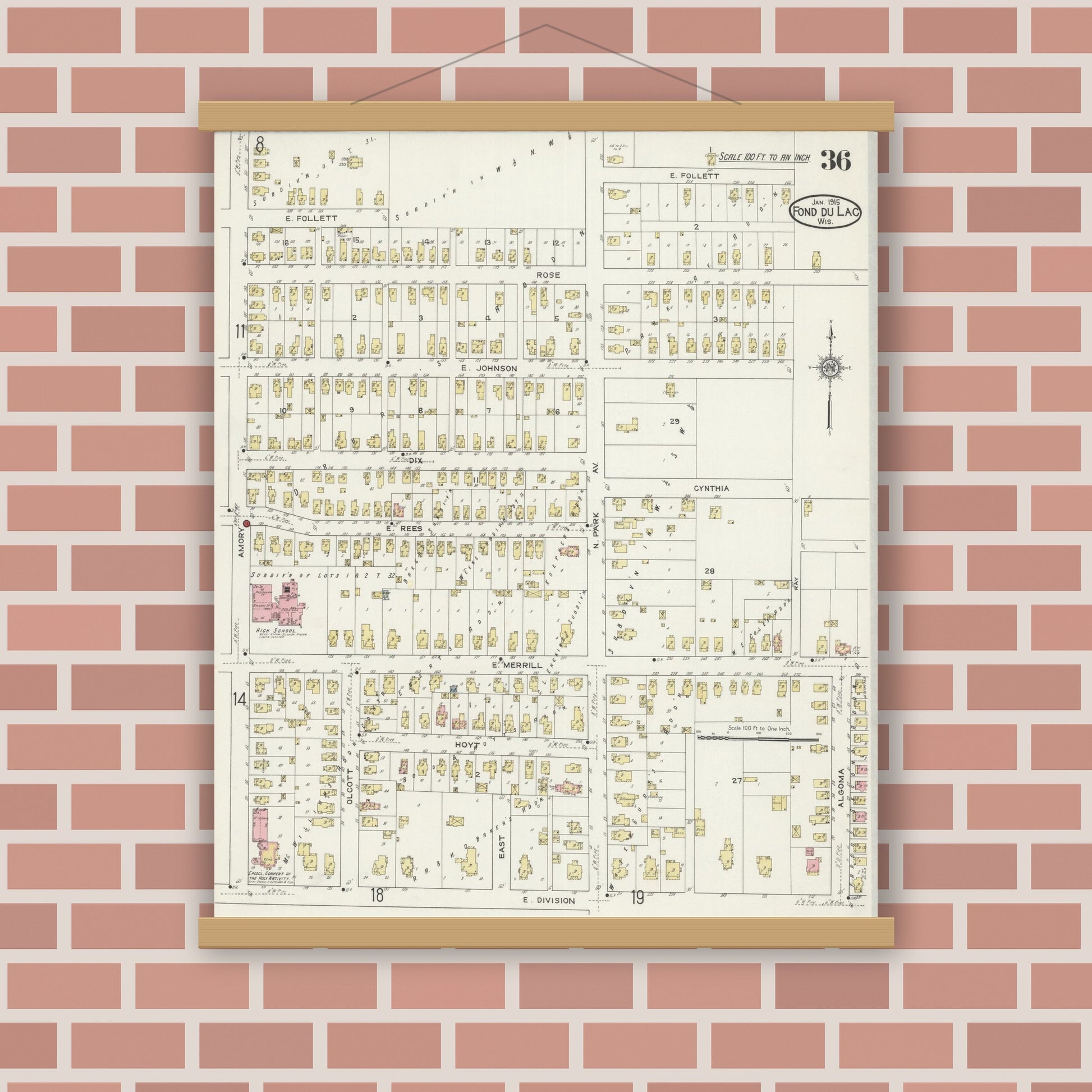 Old map wall art mockup — magnetic wood frame on brick wall — Sanborn Fire Insurance Map from Fond du Lac, Fond du Lac County, Wisconsin (1915), Sheet #0036