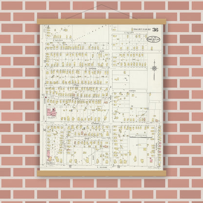 Old map wall art mockup — magnetic wood frame on brick wall — Sanborn Fire Insurance Map from Fond du Lac, Fond du Lac County, Wisconsin (1915), Sheet #0036
