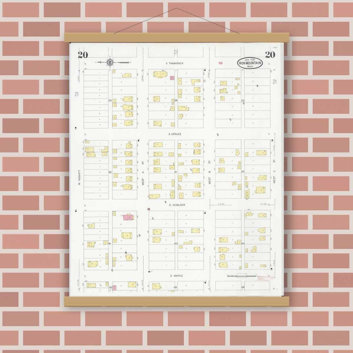 Old map wall art mockup — magnetic wood frame on brick wall — Sanborn Fire Insurance Map from Iron Mountain, Dickinson County, Michigan (1930), Sheet #0020