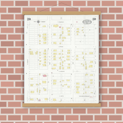 Old map wall art mockup — magnetic wood frame on brick wall — Sanborn Fire Insurance Map from Iron Mountain, Dickinson County, Michigan (1930), Sheet #0020