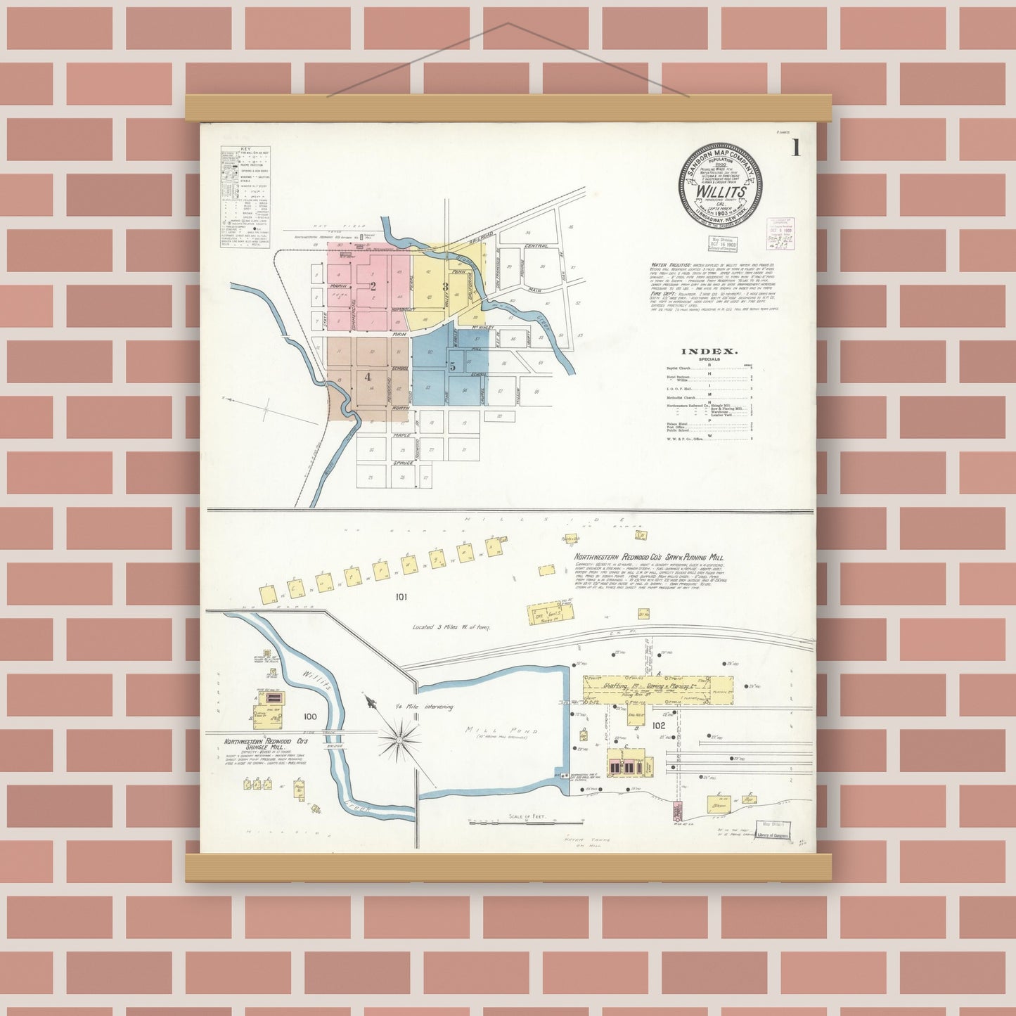 Old map wall art mockup — magnetic wood frame on brick wall — Sanborn Fire Insurance Map from Willits, Mendocino County, California (1903) - Complete Map Set