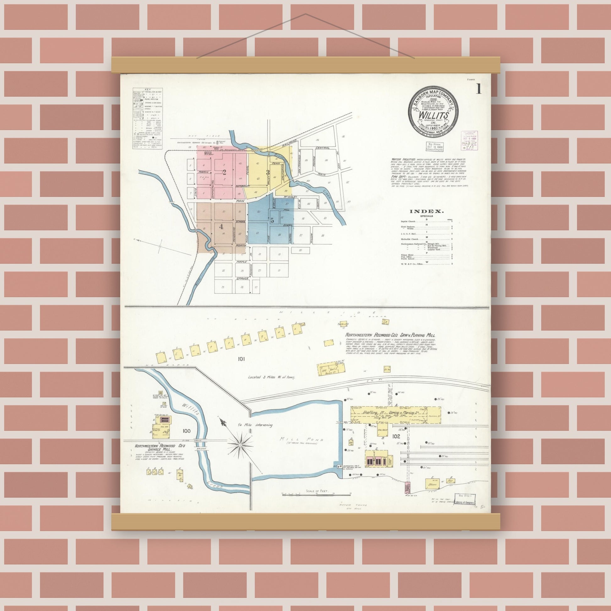Old map wall art mockup — magnetic wood frame on brick wall — Sanborn Fire Insurance Map from Willits, Mendocino County, California (1903) - Complete Map Set