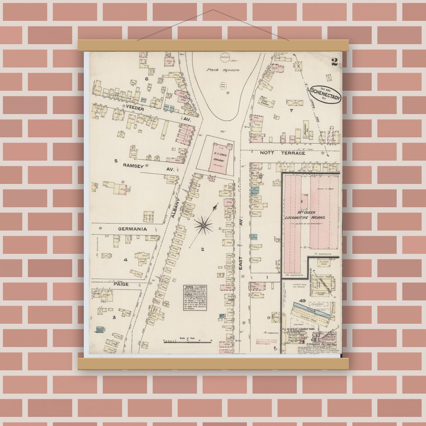 Old map wall art mockup — magnetic wood frame on brick wall — Sanborn Fire Insurance Map from Schenectady, Schenectady County, New York (1884), Sheet #0002