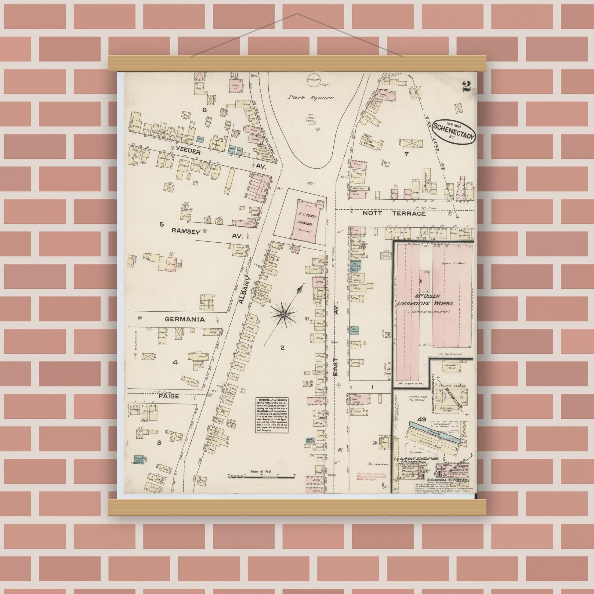 Old map wall art mockup — magnetic wood frame on brick wall — Sanborn Fire Insurance Map from Schenectady, Schenectady County, New York (1884), Sheet #0002