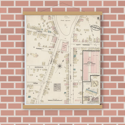 Old map wall art mockup — magnetic wood frame on brick wall — Sanborn Fire Insurance Map from Schenectady, Schenectady County, New York (1884), Sheet #0002