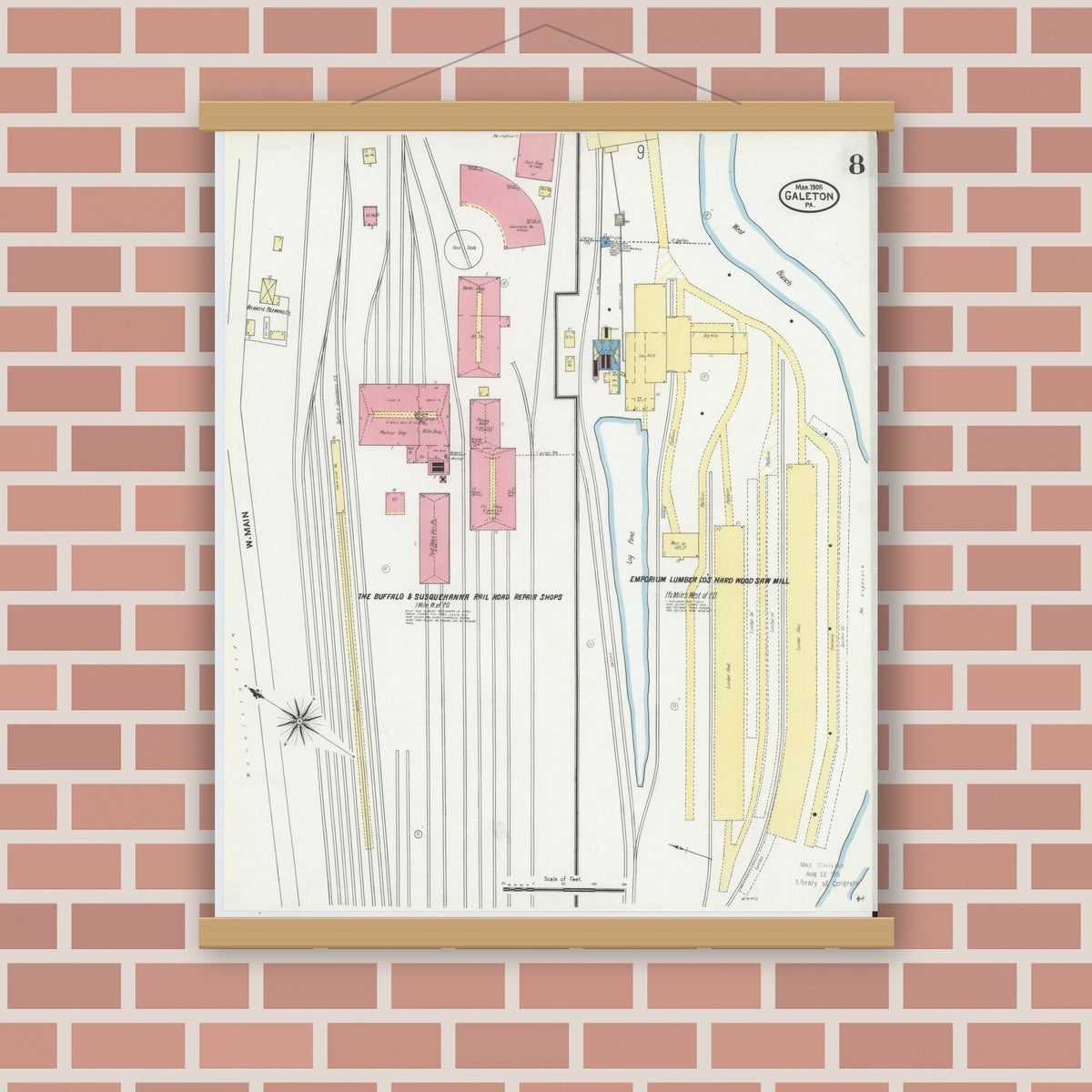 Old map wall art mockup — magnetic wood frame on brick wall — Sanborn Fire Insurance Map from Galeton, Potter County, Pennsylvania (1905), Sheet #0008