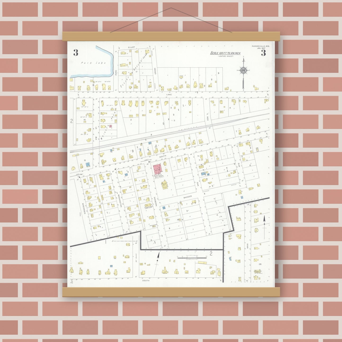 Old map wall art mockup — magnetic wood frame on brick wall — Sanborn Fire Insurance Map from Pardeeville, Columbia County, Wisconsin (1937), Sheet #0003