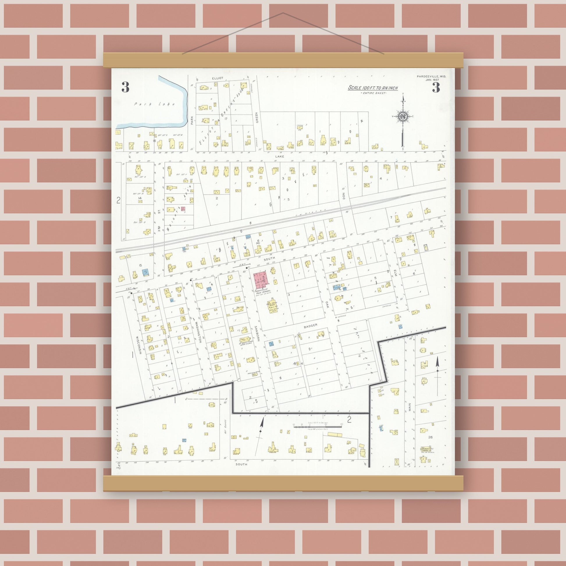 Old map wall art mockup — magnetic wood frame on brick wall — Sanborn Fire Insurance Map from Pardeeville, Columbia County, Wisconsin (1937), Sheet #0003