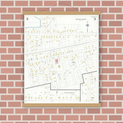 Old map wall art mockup — magnetic wood frame on brick wall — Sanborn Fire Insurance Map from Pardeeville, Columbia County, Wisconsin (1937), Sheet #0003