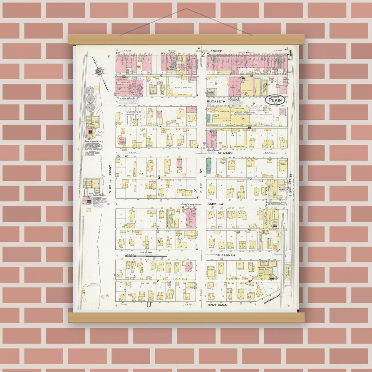 Old map wall art mockup — magnetic wood frame on brick wall — Sanborn Fire Insurance Map from Pekin, Tazewell County, Illinois (1909), Sheet #0004