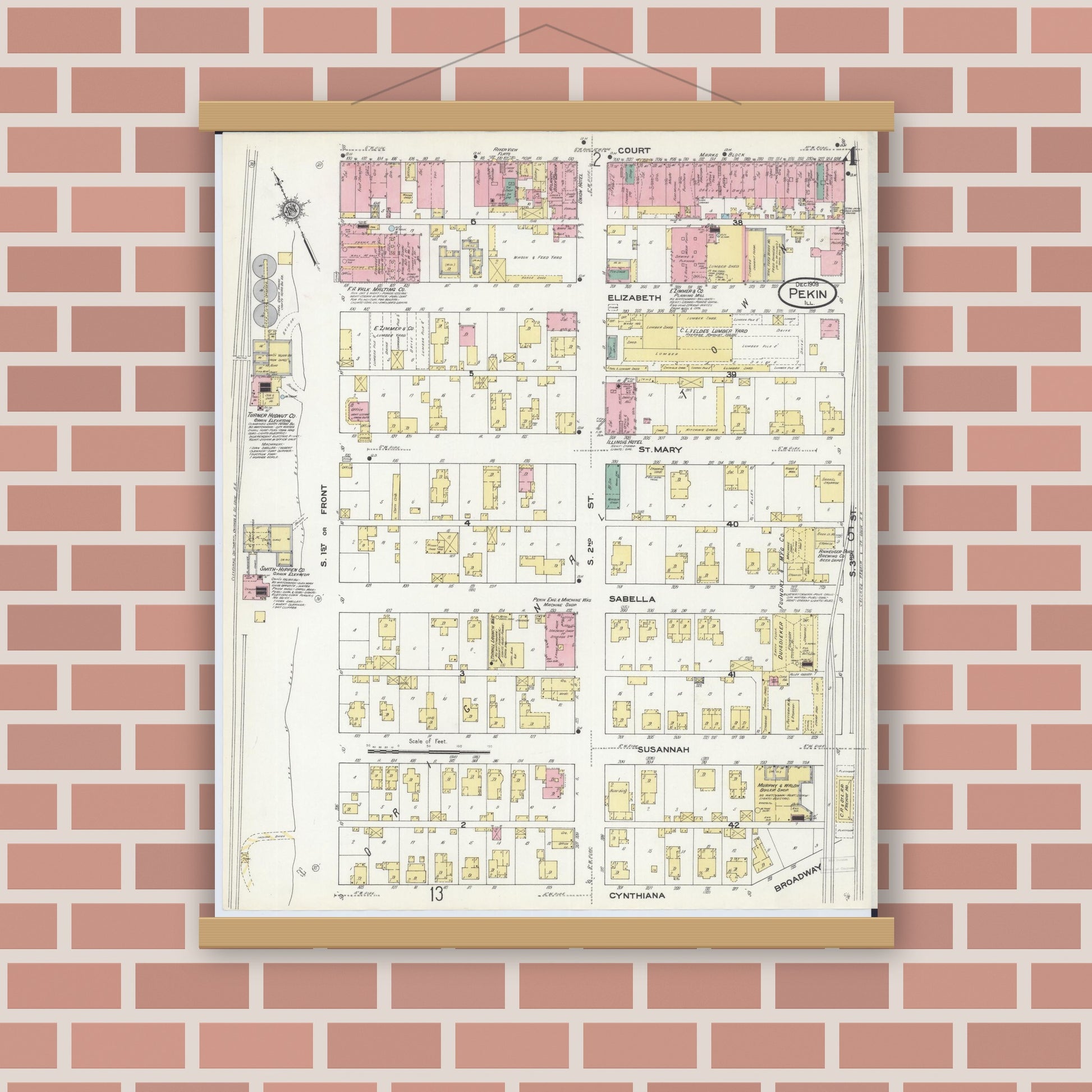 Old map wall art mockup — magnetic wood frame on brick wall — Sanborn Fire Insurance Map from Pekin, Tazewell County, Illinois (1909), Sheet #0004