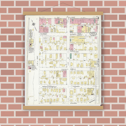 Old map wall art mockup — magnetic wood frame on brick wall — Sanborn Fire Insurance Map from Pekin, Tazewell County, Illinois (1909), Sheet #0004