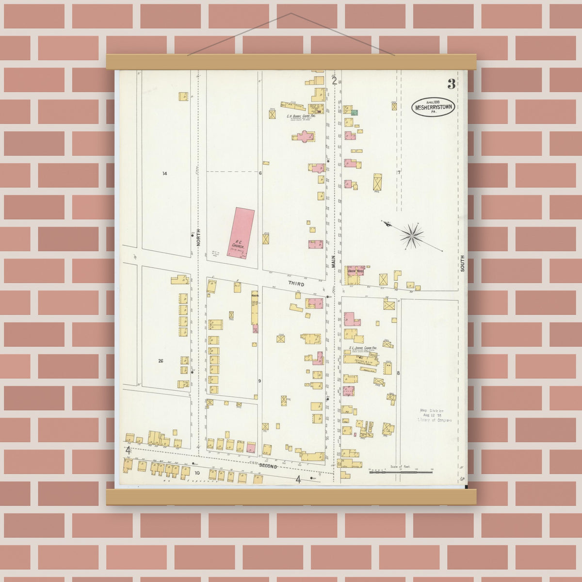 Old map wall art mockup — magnetic wood frame on brick wall — Sanborn Fire Insurance Map from McSherrystown, Adams County, Pennsylvania (1899), Sheet #0003