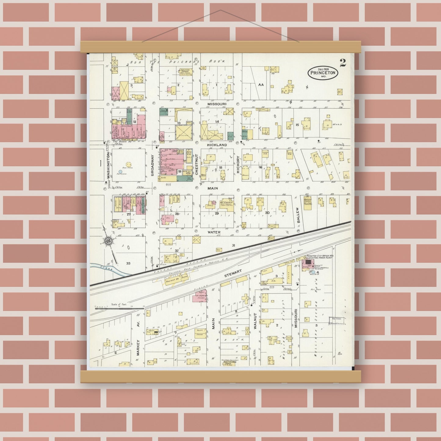 Old map wall art mockup — magnetic wood frame on brick wall — Sanborn Fire Insurance Map from Princeton, Mercer County, Missouri (1909), Sheet #0002