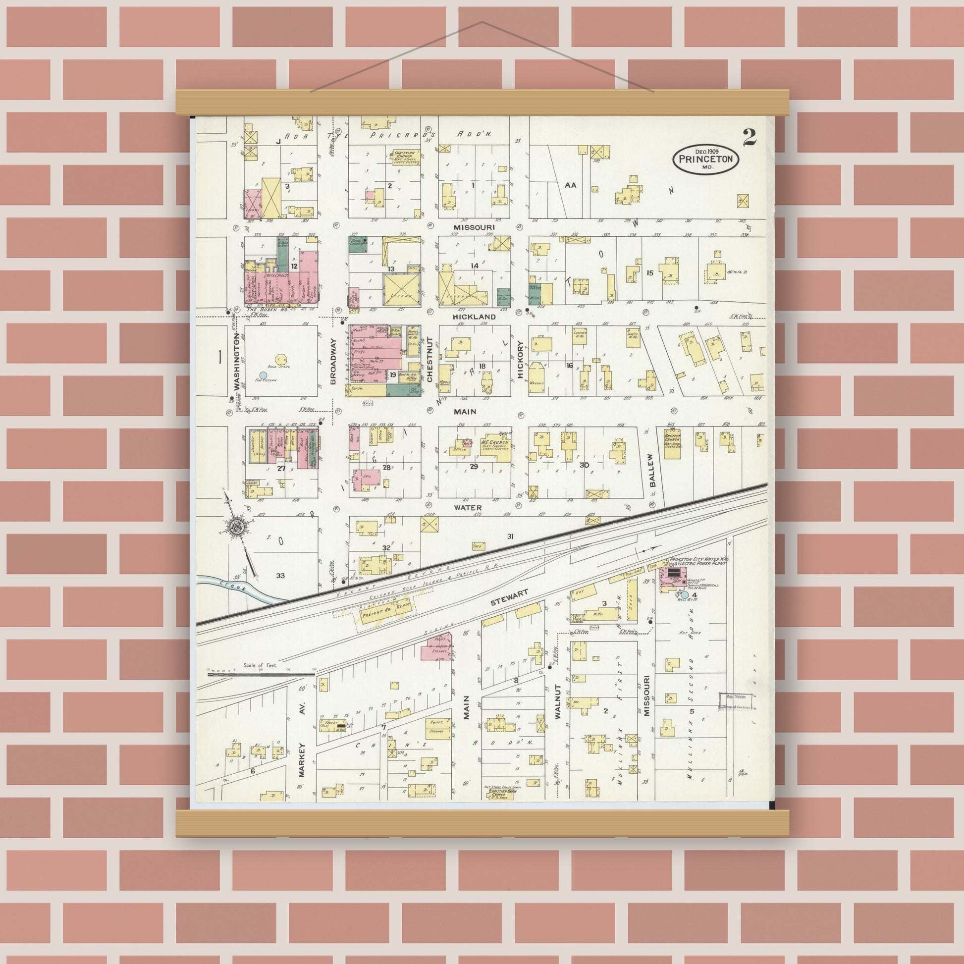 Old map wall art mockup — magnetic wood frame on brick wall — Sanborn Fire Insurance Map from Princeton, Mercer County, Missouri (1909), Sheet #0002