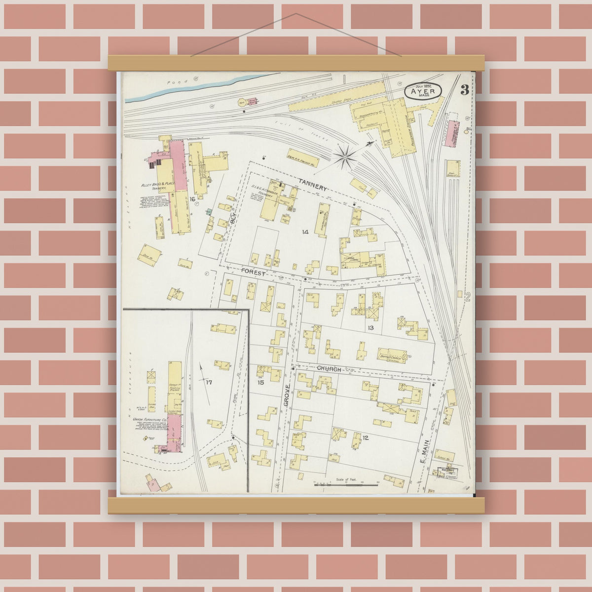 Old map wall art mockup — magnetic wood frame on brick wall — Sanborn Fire Insurance Map from Ayer, Middlesex County, Massachusetts (1892), Sheet #0003