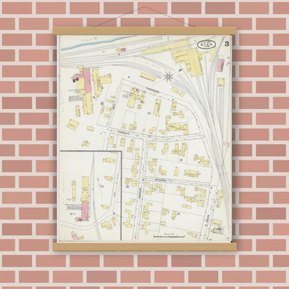 Old map wall art mockup — magnetic wood frame on brick wall — Sanborn Fire Insurance Map from Ayer, Middlesex County, Massachusetts (1892), Sheet #0003