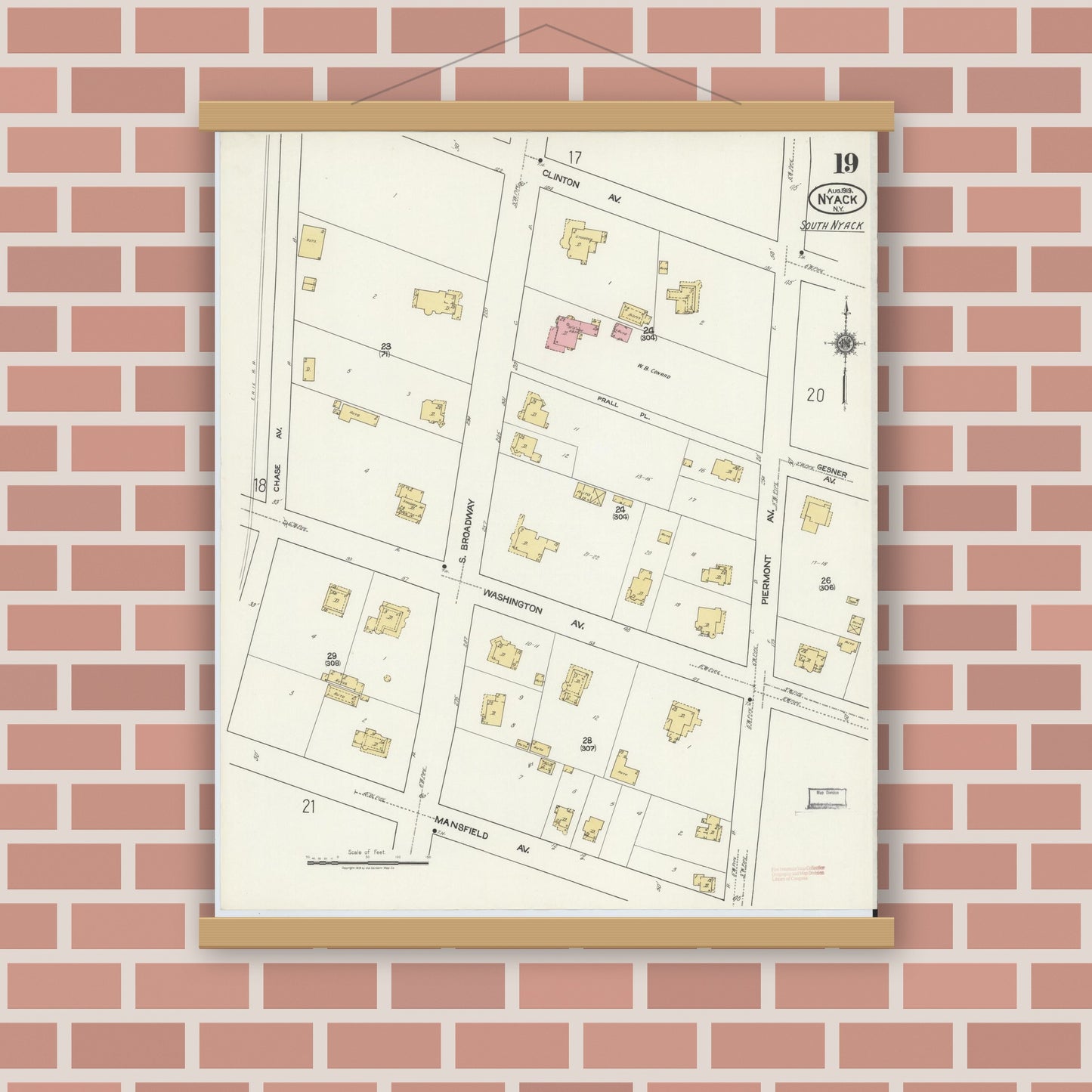 Old map wall art mockup — magnetic wood frame on brick wall — Sanborn Fire Insurance Map from Nyack, Rockland County, New York. (1919), Sheet #0019
