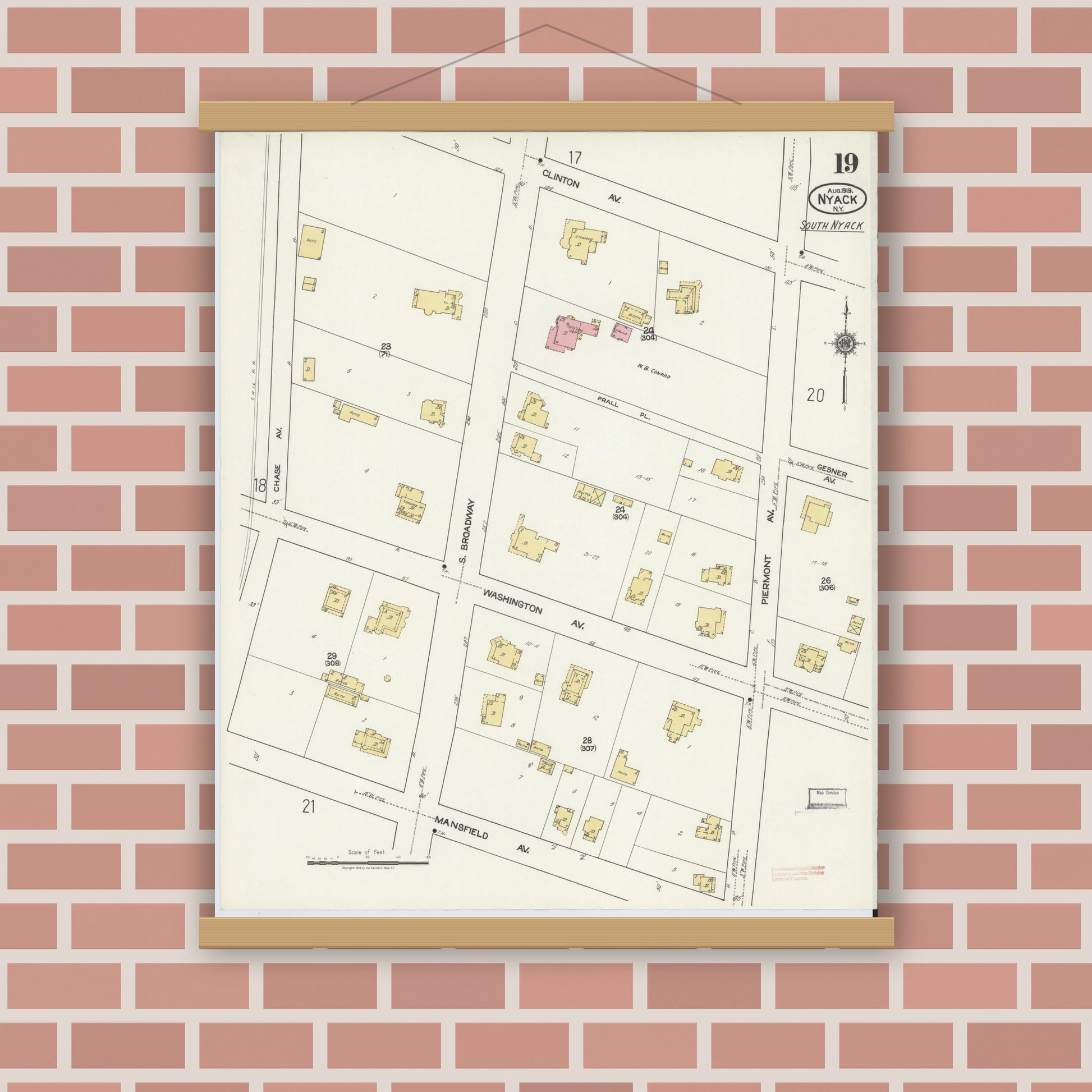 Old map wall art mockup — magnetic wood frame on brick wall — Sanborn Fire Insurance Map from Nyack, Rockland County, New York. (1919), Sheet #0019