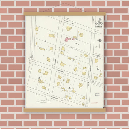 Old map wall art mockup — magnetic wood frame on brick wall — Sanborn Fire Insurance Map from Nyack, Rockland County, New York. (1919), Sheet #0019