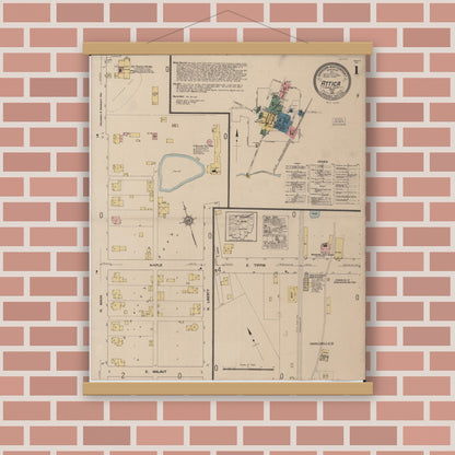 Old map wall art mockup — magnetic wood frame on brick wall — Sanborn Fire Insurance Map from Attica, Seneca County, Ohio (1922) - Complete Map Set