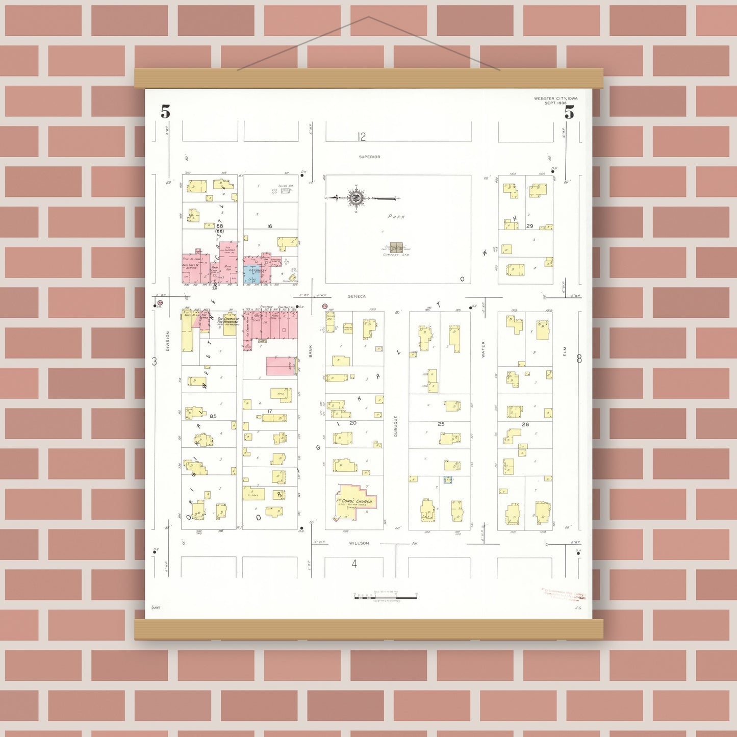 Old map wall art mockup — magnetic wood frame on brick wall — Sanborn Fire Insurance Map from Webster City, Hamilton County, Iowa (1938), Sheet #0005