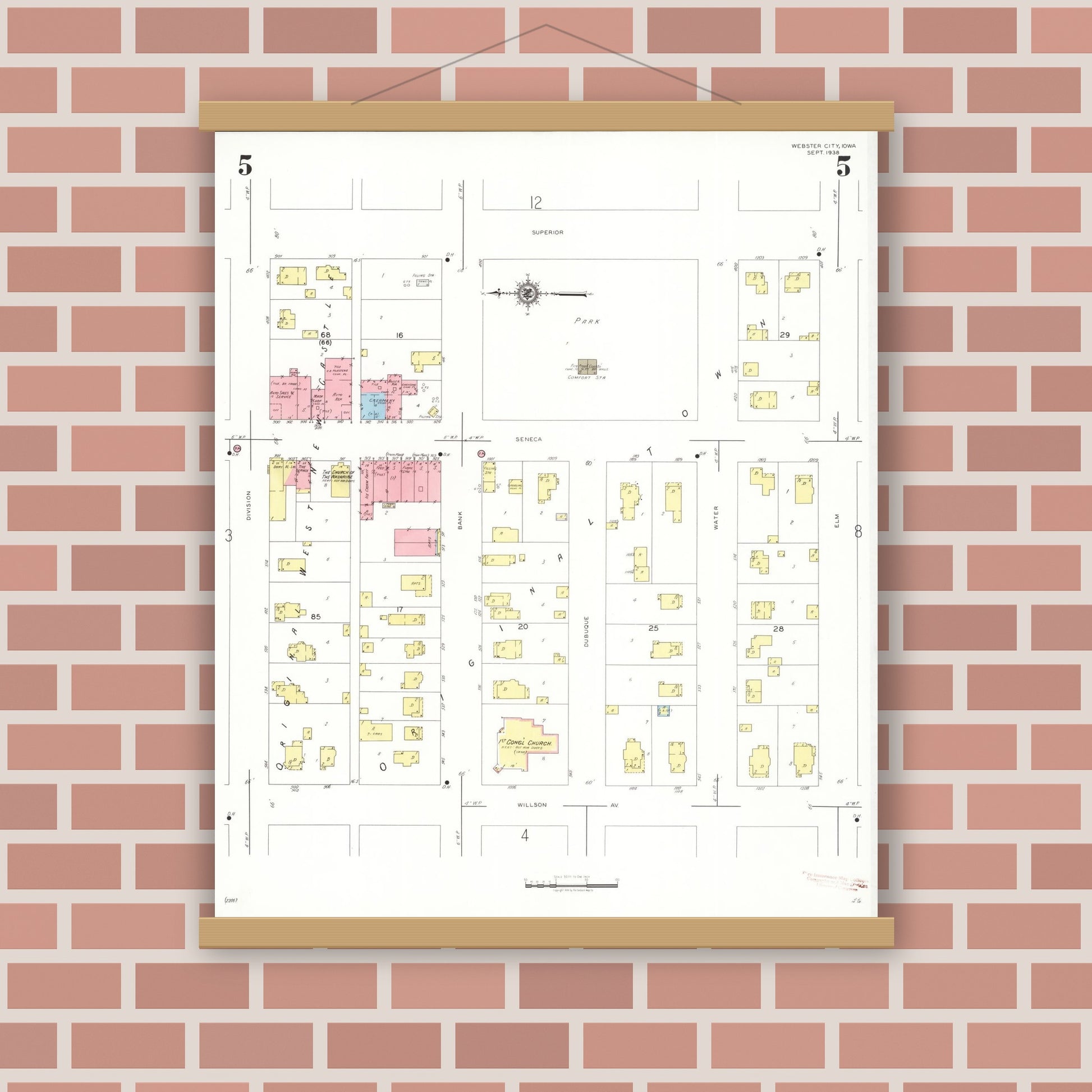 Old map wall art mockup — magnetic wood frame on brick wall — Sanborn Fire Insurance Map from Webster City, Hamilton County, Iowa (1938), Sheet #0005