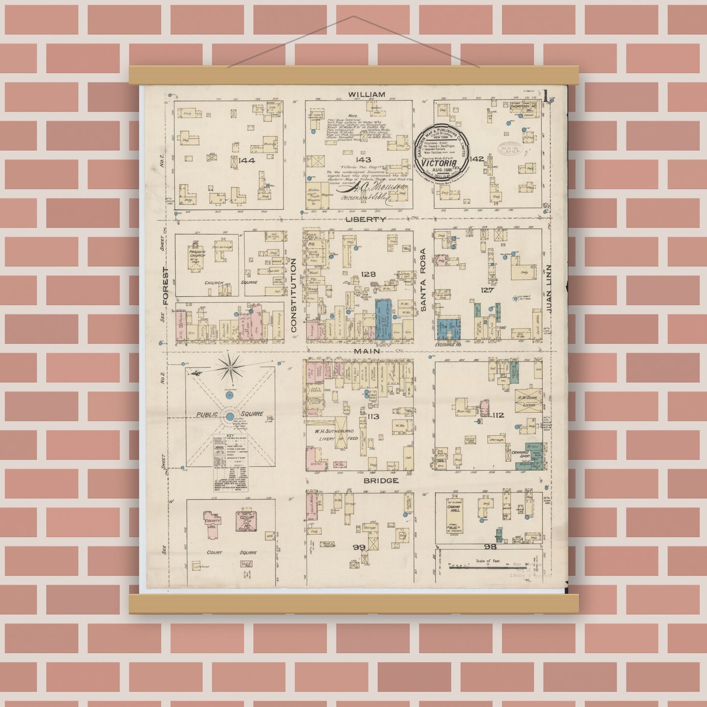 Old map wall art mockup — magnetic wood frame on brick wall — Sanborn Fire Insurance Map from Victoria, Victoria County, Texas (1885), Sheet #0001