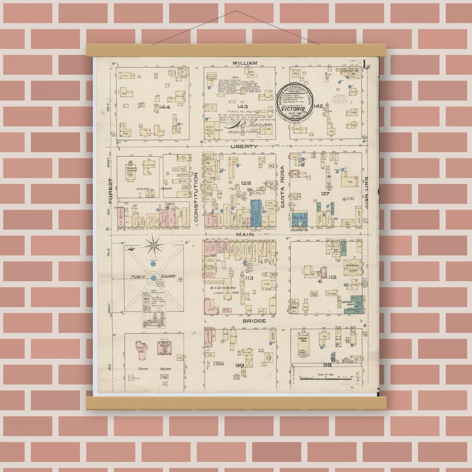 Old map wall art mockup — magnetic wood frame on brick wall — Sanborn Fire Insurance Map from Victoria, Victoria County, Texas (1885), Sheet #0001