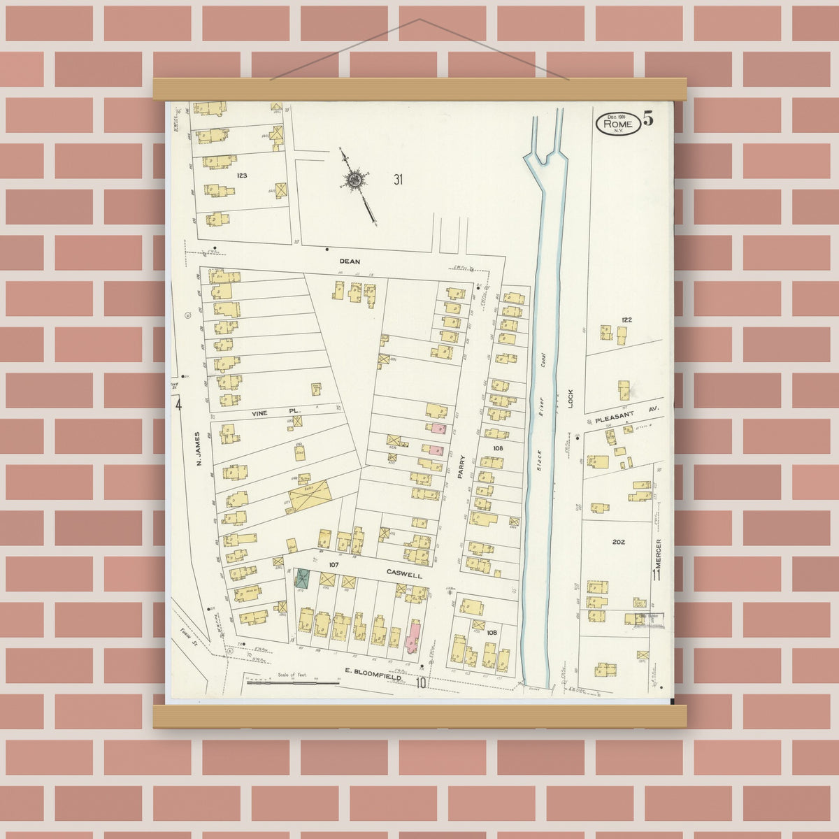 Old map wall art mockup — magnetic wood frame on brick wall — Sanborn Fire Insurance Map from Rome, Oneida County, New York (1909), Sheet #0005