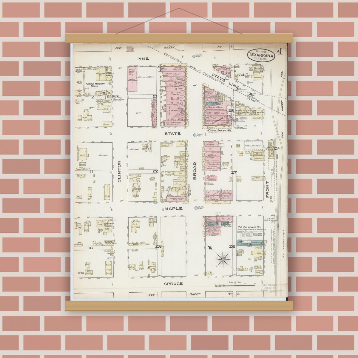 Old map wall art mockup — magnetic wood frame on brick wall — Sanborn Fire Insurance Map from Texarkana, Bowie County, Texas (1885), Sheet #0004